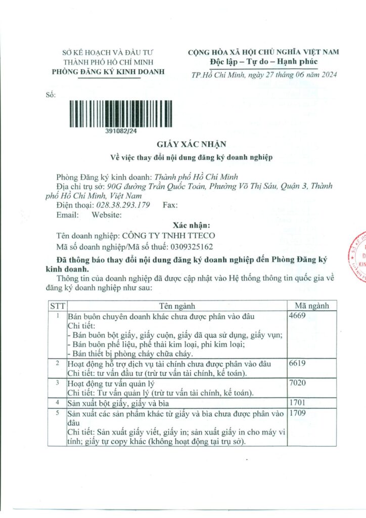 Giấy Phép Kinh Doanh TTECO